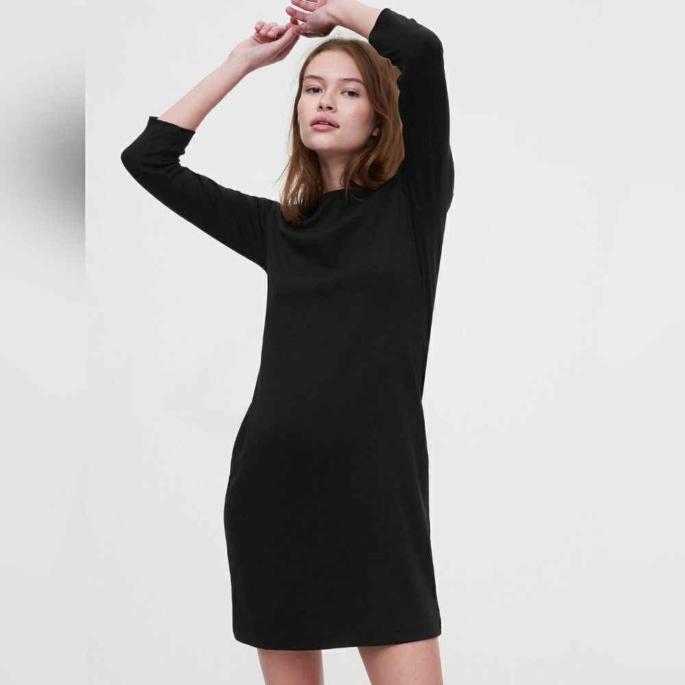 Gap  black supima cotton blend boatneck midi dress sz M 3/4 sleeves